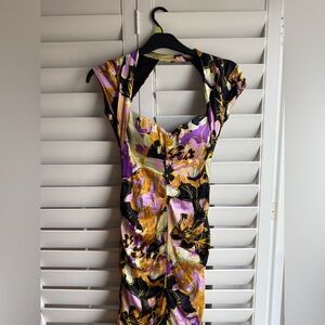 Cache Purple and Yellow Floral Midi Dress silk